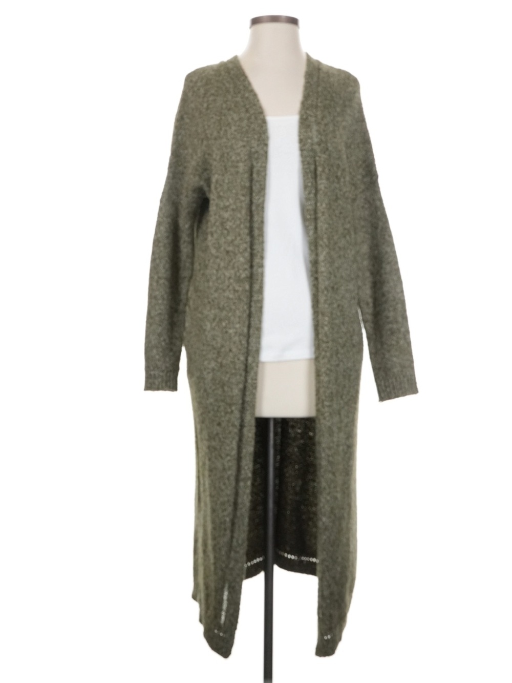 Silence + Noise Maxi Long Open-Front Olive Green Knit Duster Cardigan